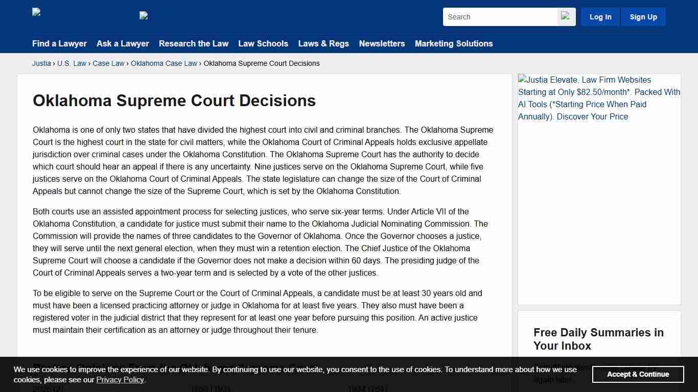 Oklahoma Supreme Court Decisions :: Oklahoma Case Law :: Oklahoma Law :: U.S. Law :: Justia