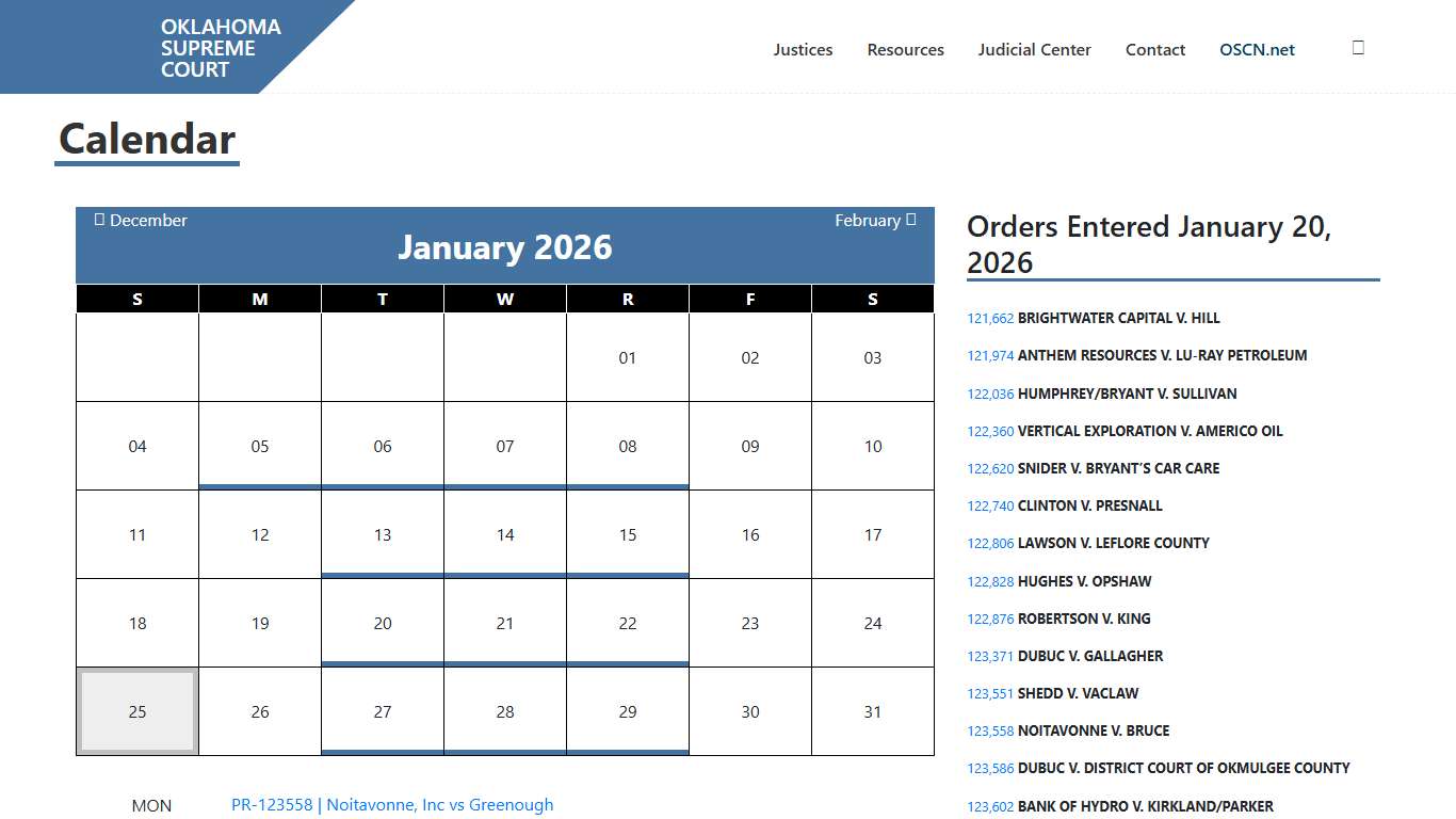 Calendar – Oklahoma Supreme Court